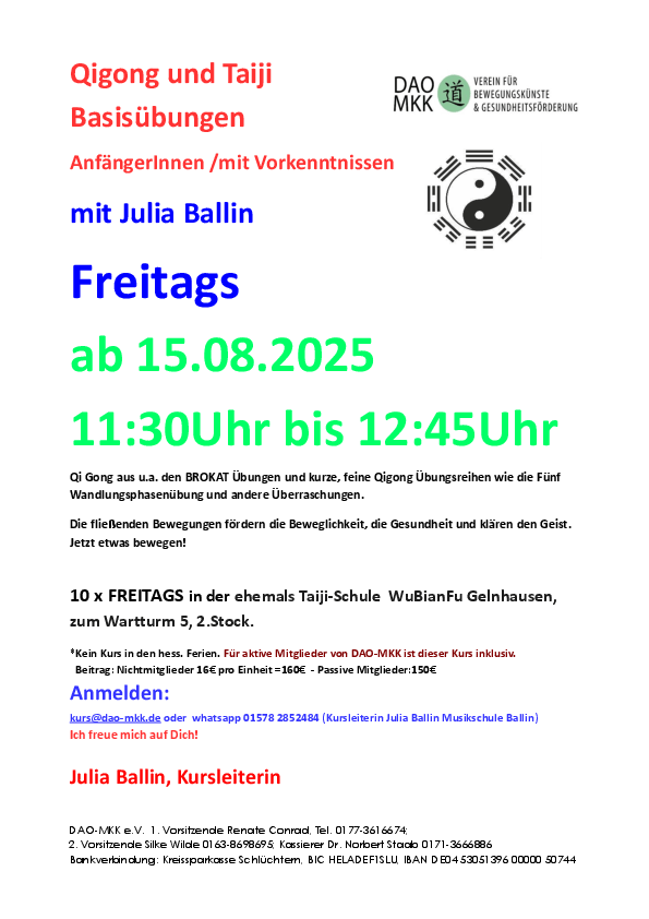 Kurs Qigong und Taiji Basisübungen mit Julia in Gelnhausen